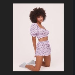 For Love & Lemons Lola Pointelle Set Purple Floral (XXS) crop top and shorts